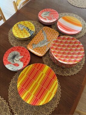 Set of 38 West Elm plates with colorful geometric prints & animal illustrations